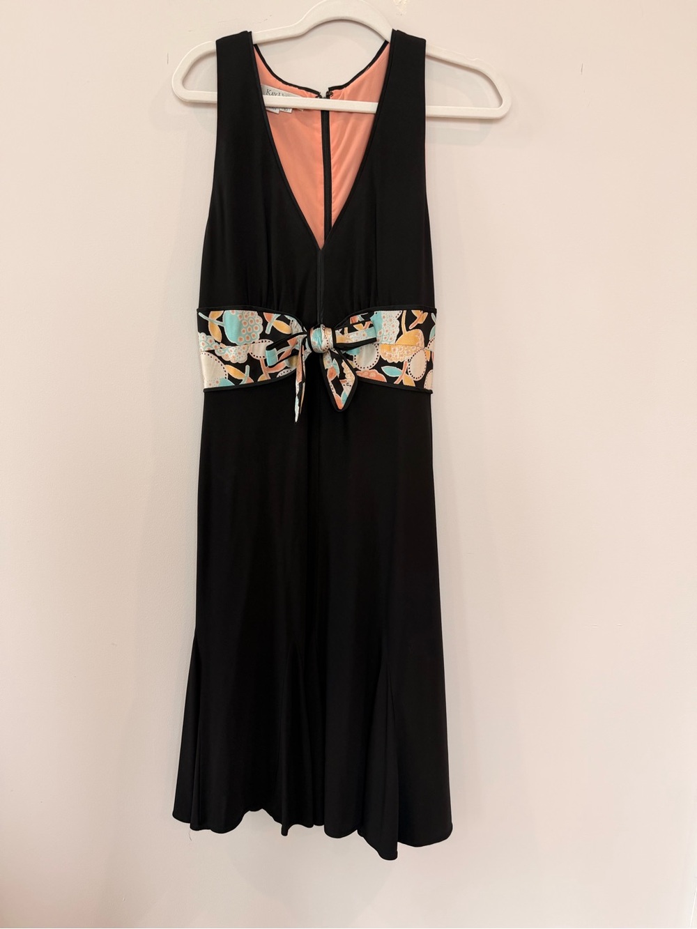 Kay Unger Black Midi Dress with Peach Lining and Floral Waist Sash